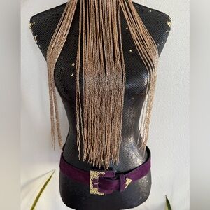Sueded Plum Purple Waist Belt with Ornate Gold Filigree Buckle